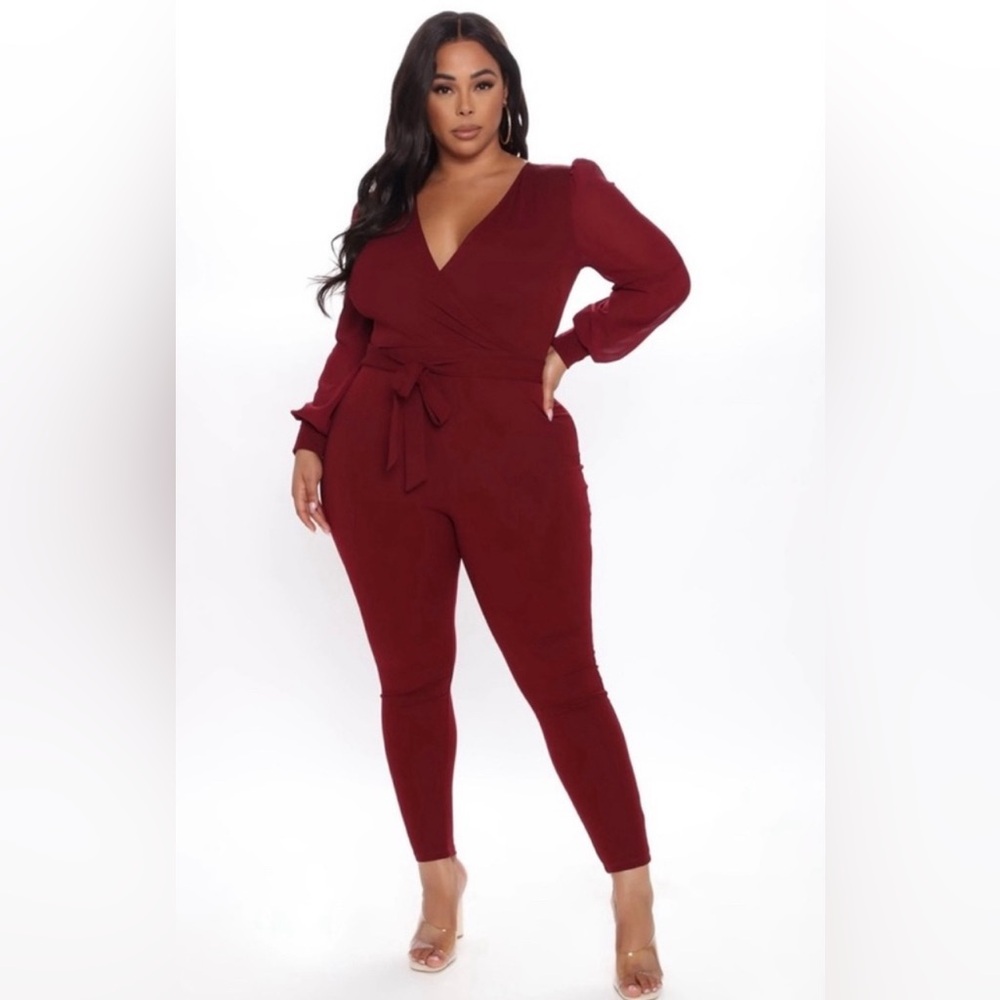 NWT FashionNova Burgundy Balloon Long Sleeve Jumpsuit